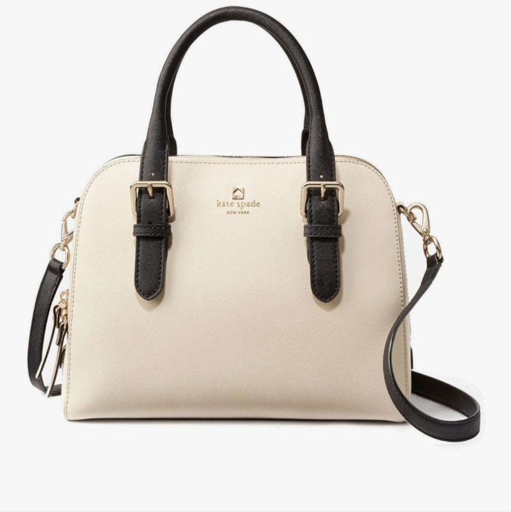 Kate spade Cream And Black Gold hardwear Crosshatched Leather Neutral Crossbody